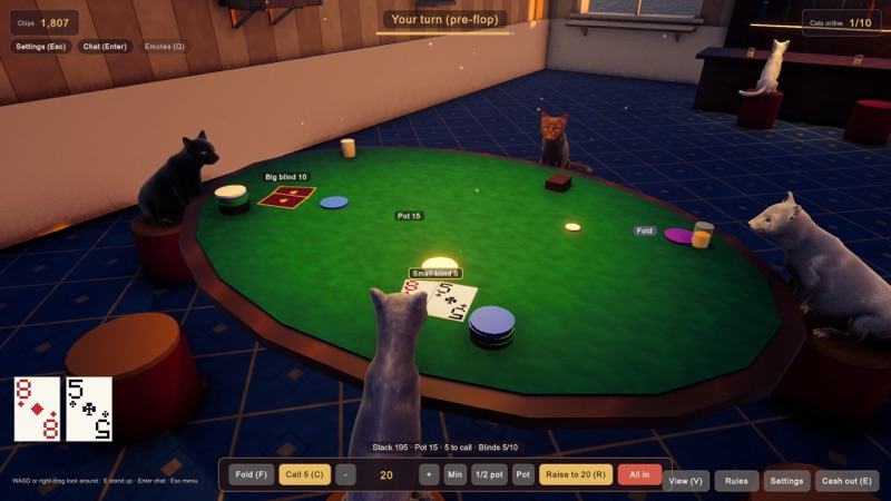 A Texas Hold'em table with cats on stools and a cat dealer.