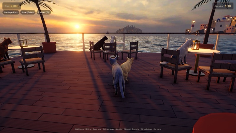 Cats on a sunset terrace by the sea, with an island on the horizon.