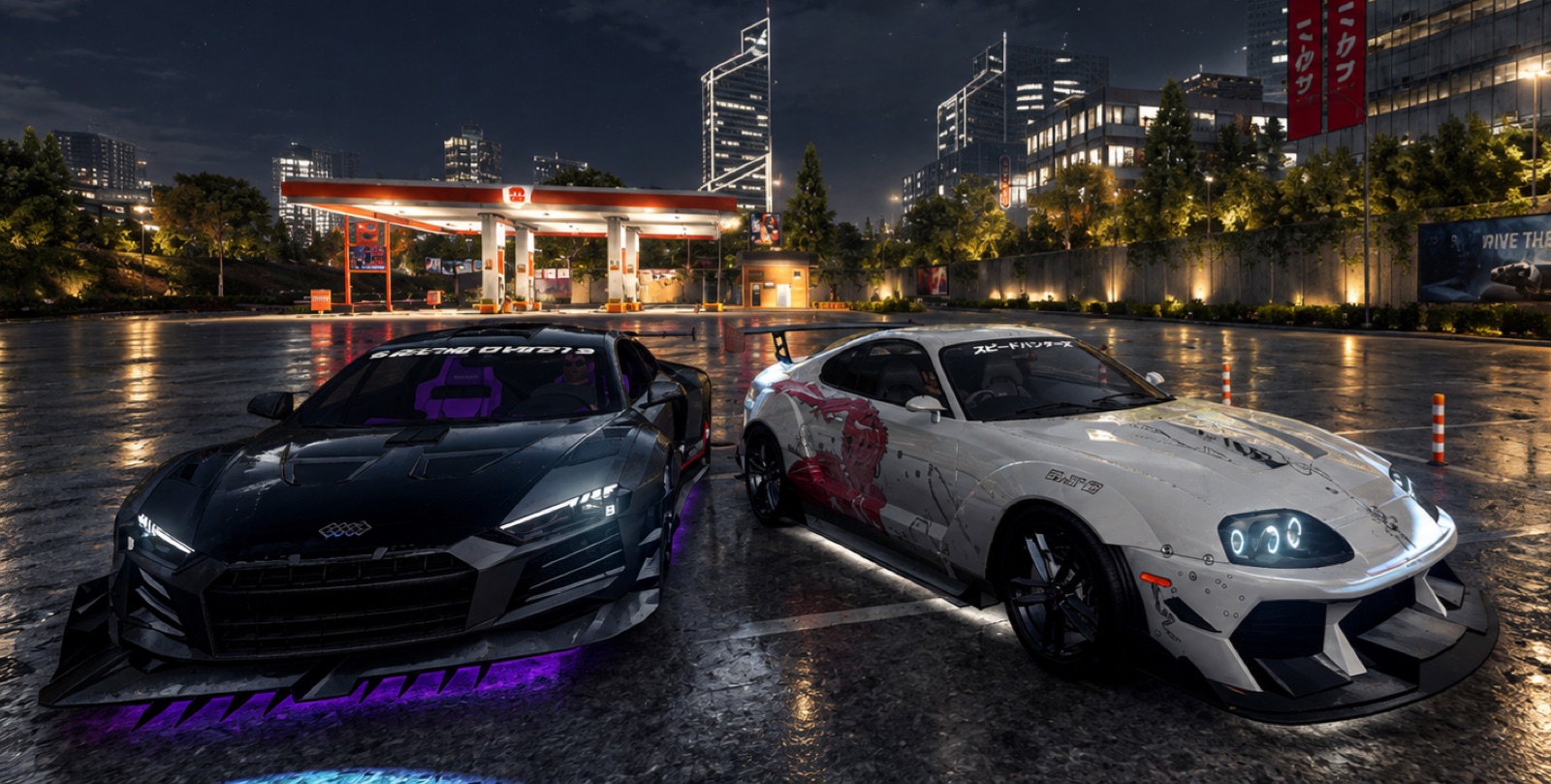 Highway Racer Pro: two tuned cars parked at a neon-lit petrol station on a Tokyo expressway at night.