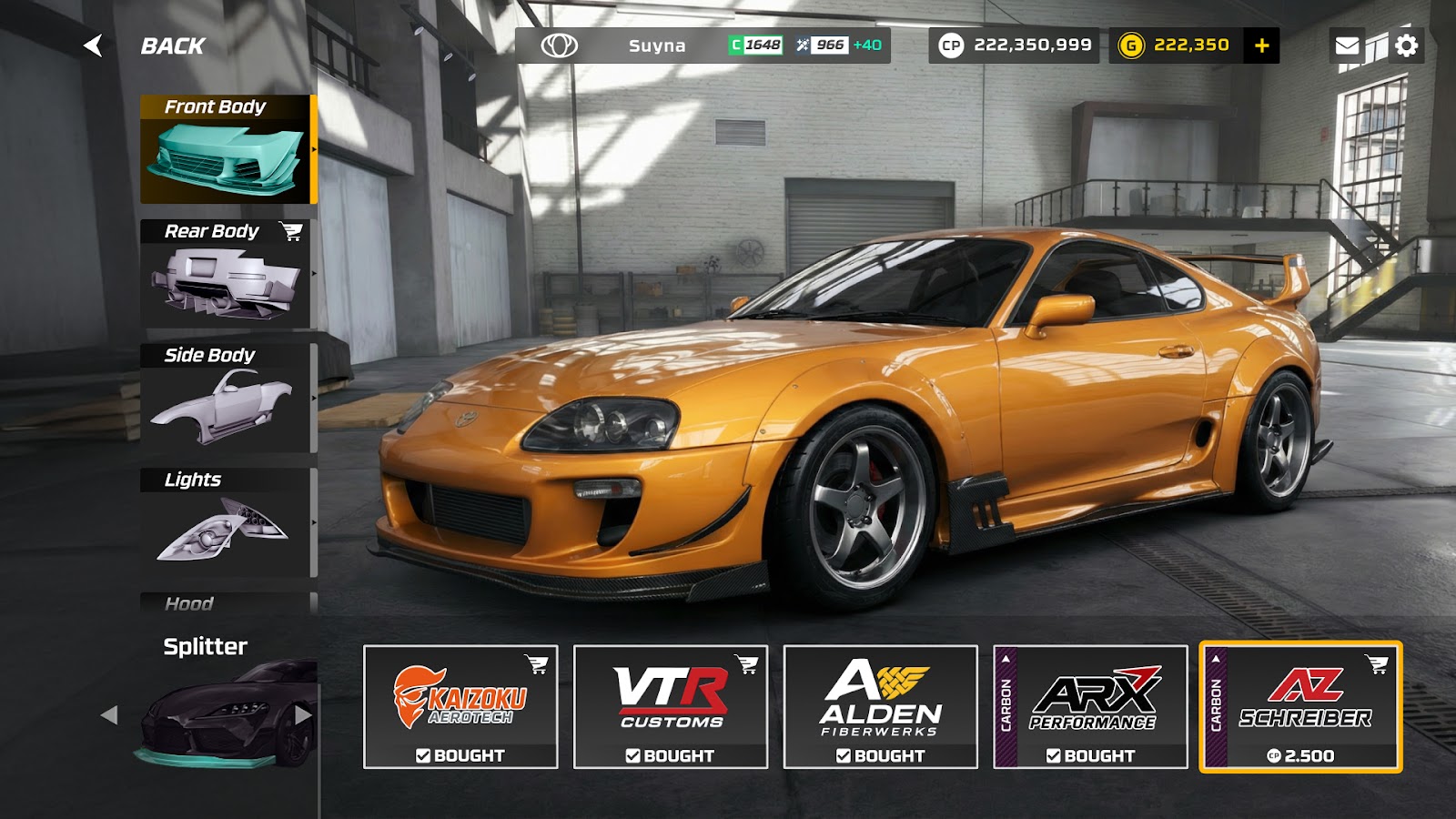 The Highway Racer Pro customization garage, with body parts listed down the left.