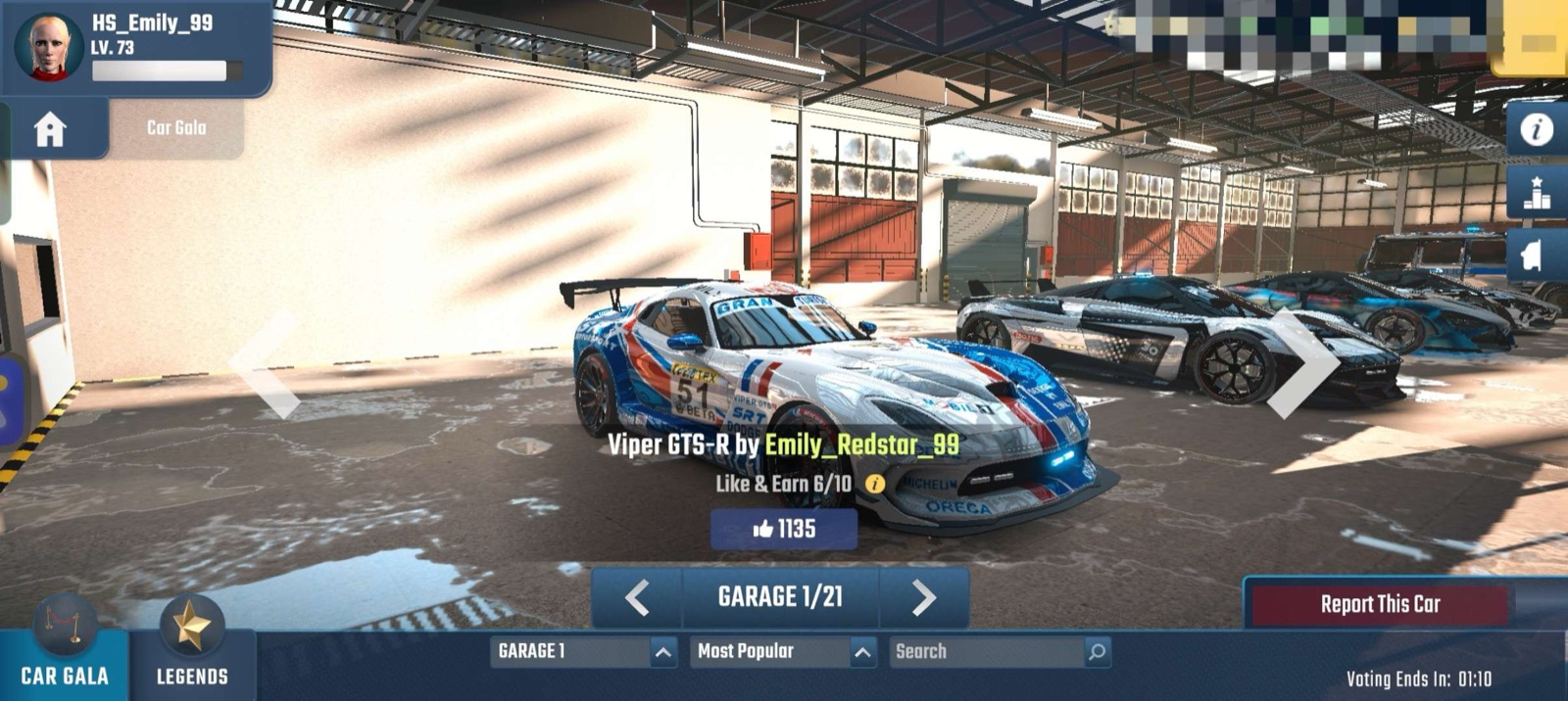 The Car Gala screen, where players vote on each other&rsquo;s customized cars.