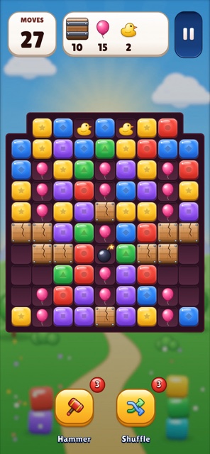 Blast, level 25: groups of coloured cubes with rockets and bombs.