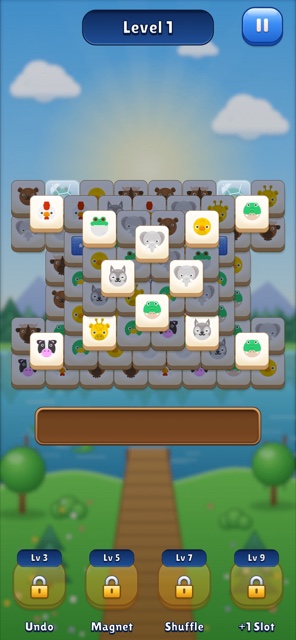 Tile Match, level 45: a layered pile of tiles above a seven-slot tray.